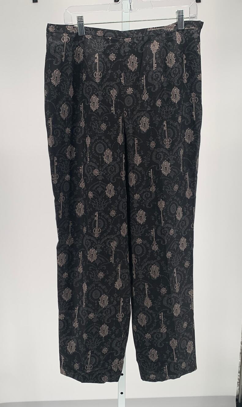 Talbots silk wool blend pants black damask key print women's size 16